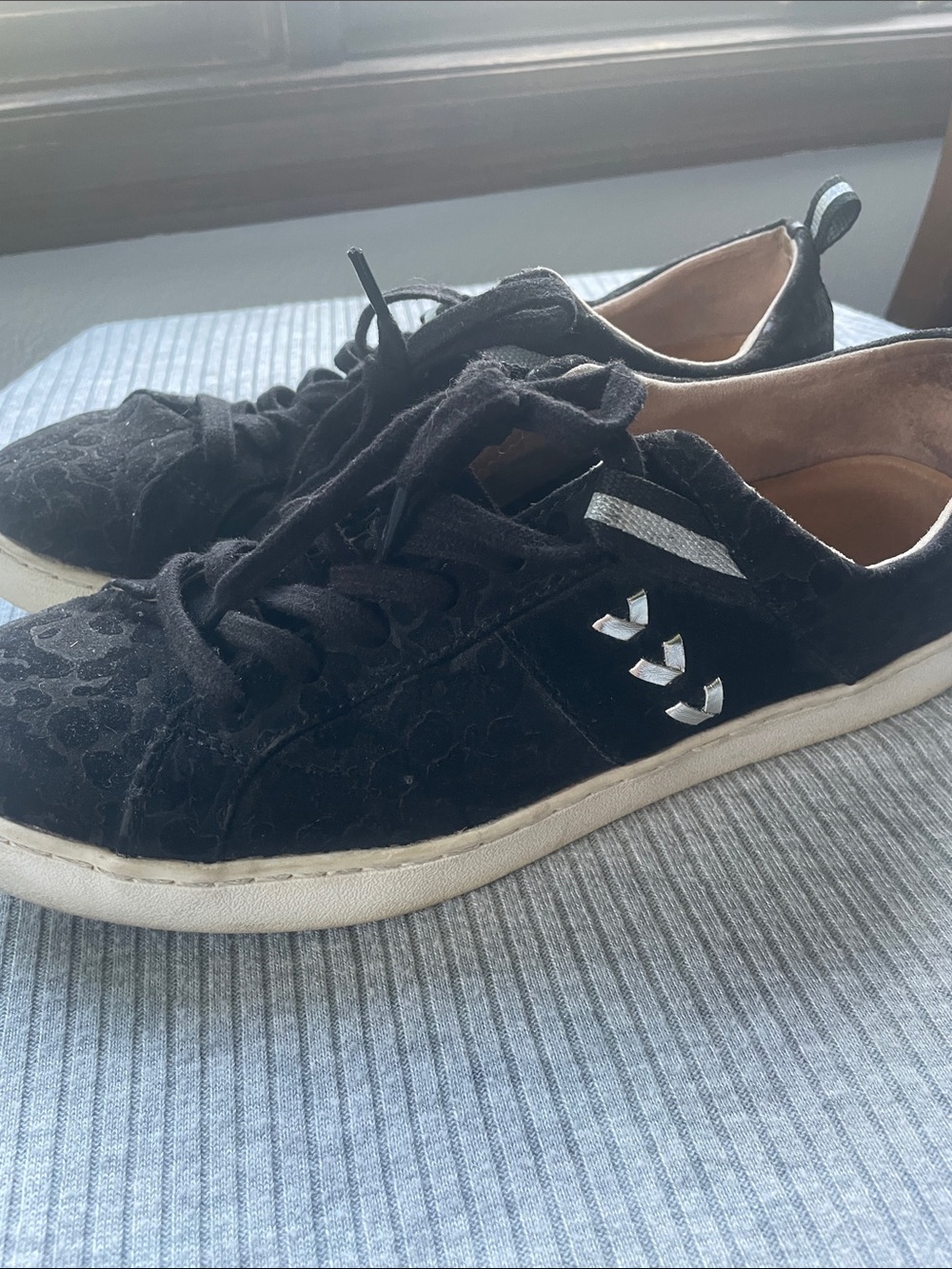 Black Suede Cheetah Print Lace-Up Sneakers with Silver Accent
